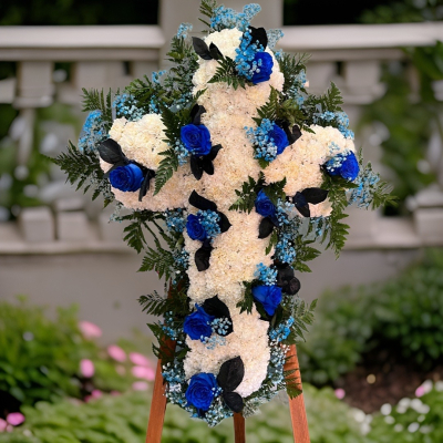 cruz funeraria rosas azules